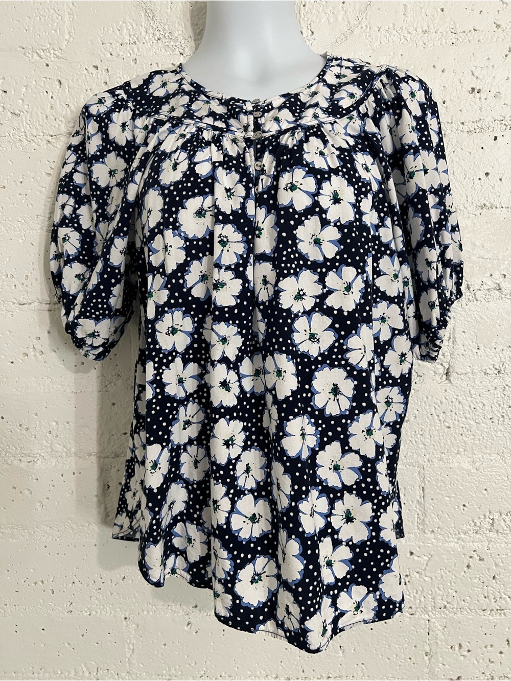 Ann Taylor LOFT Womens Top S Blue Floral Short Puff Sleeve Cotton Rayon G11